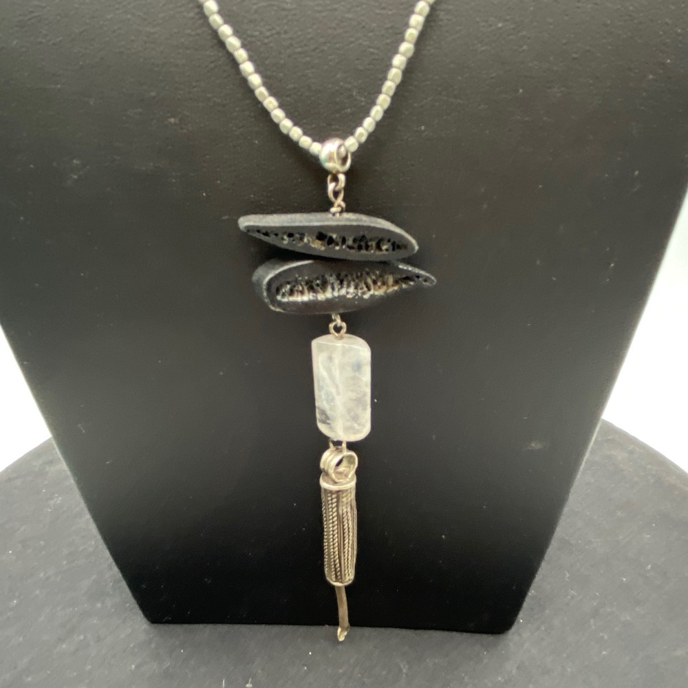 Long Artisan Necklace Silver Black Stone Organic Pendant 28in Odd Mossy Nature